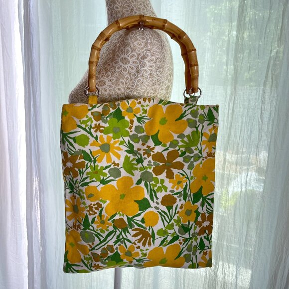 Vintage Retro Summer Canvas Tote, Bamboo Handles - Picture 2 of 4
